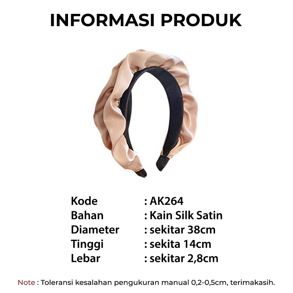 Bando Scrunchie Wanita Korea Motif Polos Bandana Kerut Ruffle Silk Satin Aksesoris AK264