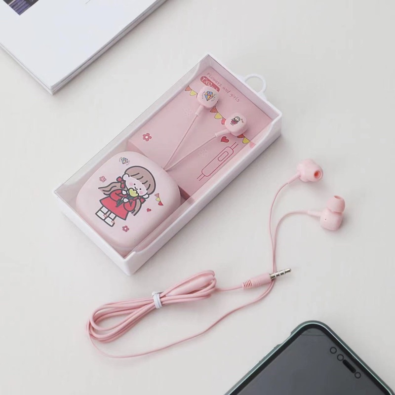 [ YXQ-2] Set Headset Earphone karakter motif FLOWERS AND GIRL GOOD QUALITY / + Wadah penyimpanan Earphone Motif