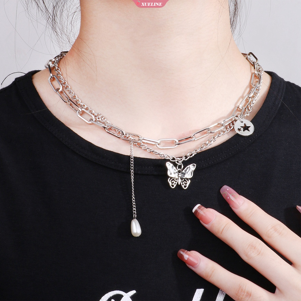Fashion Mutiara Kupu-Kupu pentagram Liontin Pria Dan Wanita Rantai Samping Gaya hip-hop double-layer Rantai Grosir [ZXL]