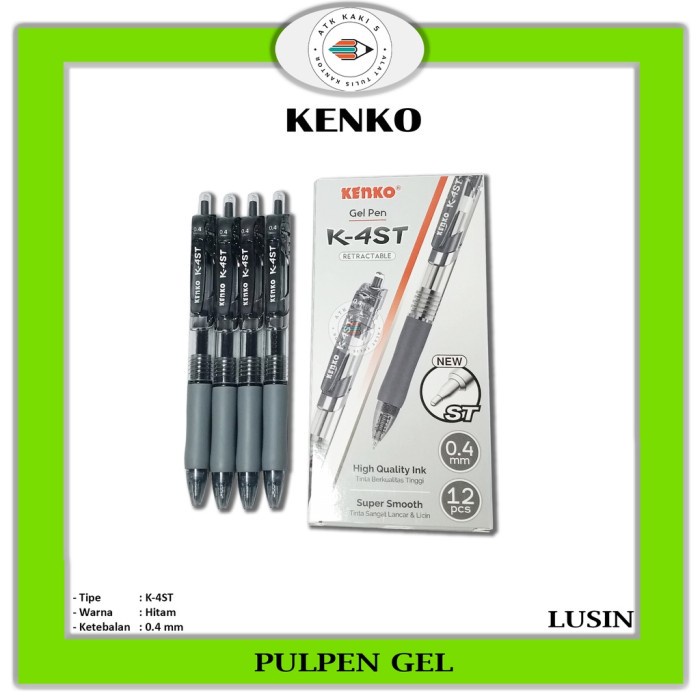 

KENKO - Pulpen Gel K-4ST Retractable Gel Pen 0.4 mm Hitam - 1 Lusin