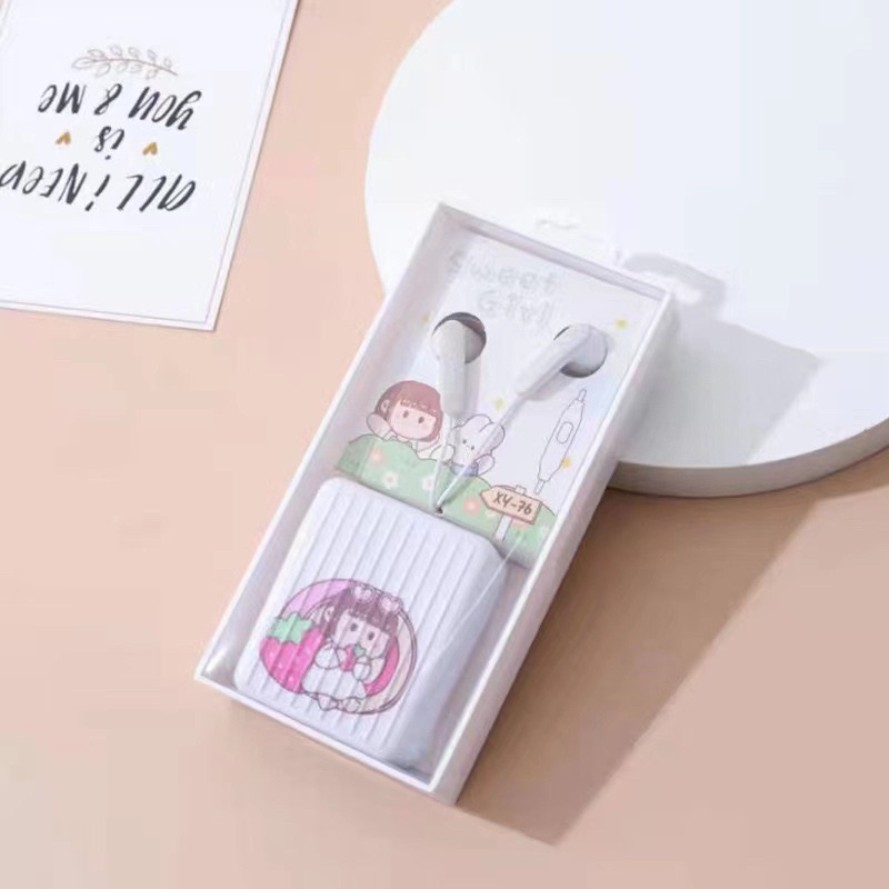 [ XY 76 ] SET Headset Earphone karakter SWEET GIRL FOREVER  / + Wadah tempat penyimpanan Earphone Motif