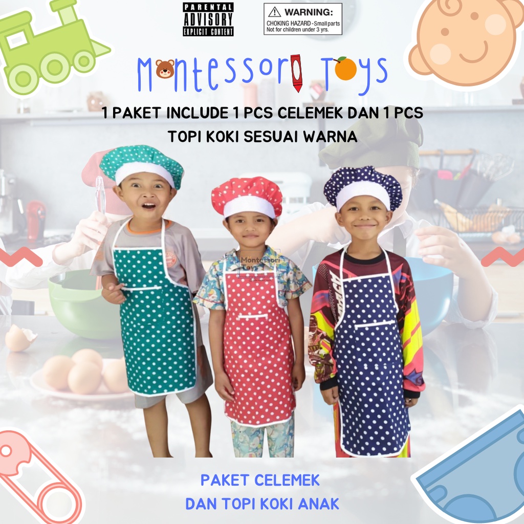 PAKET TOPI KOKI DAN CELEMEK POLKADOT ANAK KELAS MEMASAK BAHAN KAIN / POLI PE
