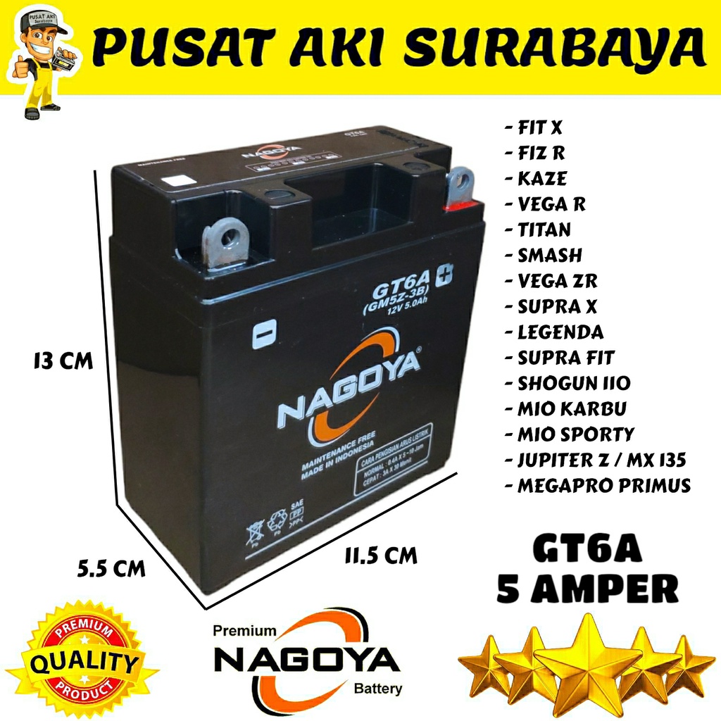 PASTI ASLI AKI NAGOYA GT6A SEPEDA MOTOR SHOGUN 110 MIO KARBU MIO SPORTY JUPITER Z MTX5AL YB5LB YT7C GM5Z