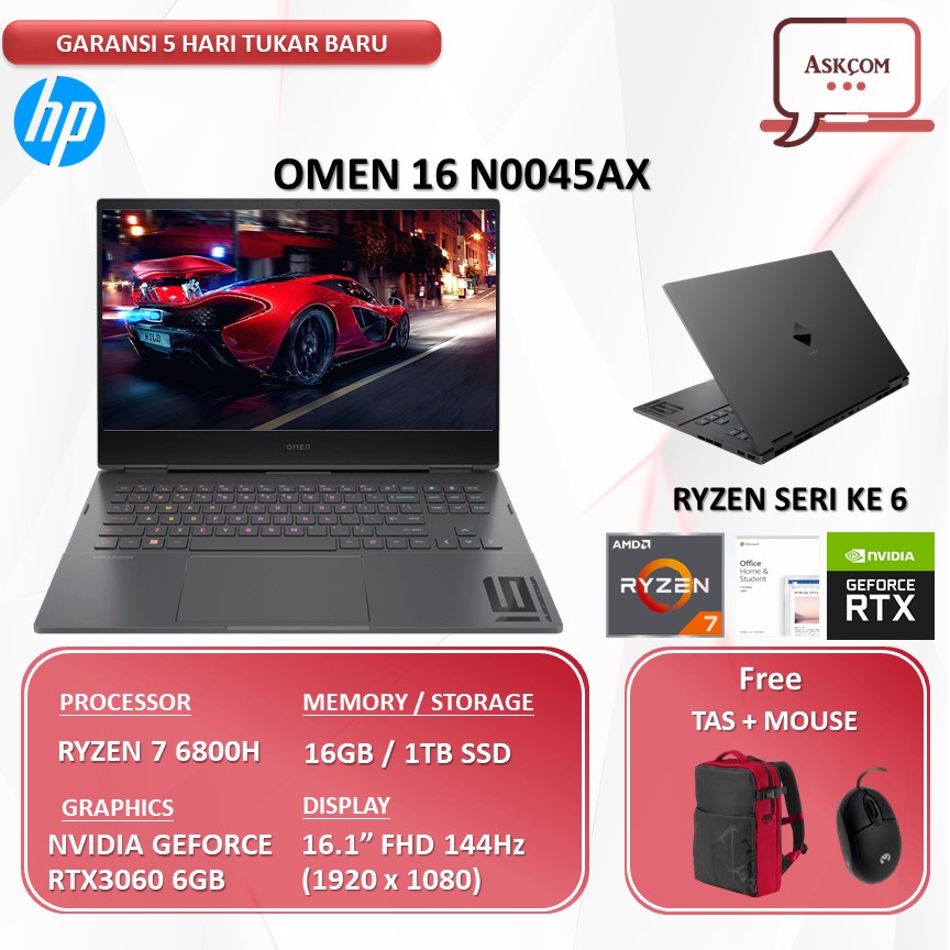 Laptop Gaming HP Omen 16 N0045AX RTX3060 6GB RYZEN 7 6800H RAM 16GB 1TB SSD OHS 16.1FHD 144HZ W10