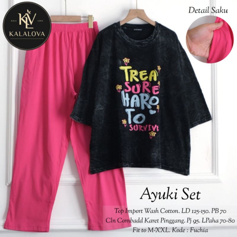 AYUKI SET BY KALALOVA | Setelan Wanita Atasan Kaos Bahan Wash Cotton Celana Kaos Combed Super Jumbo 