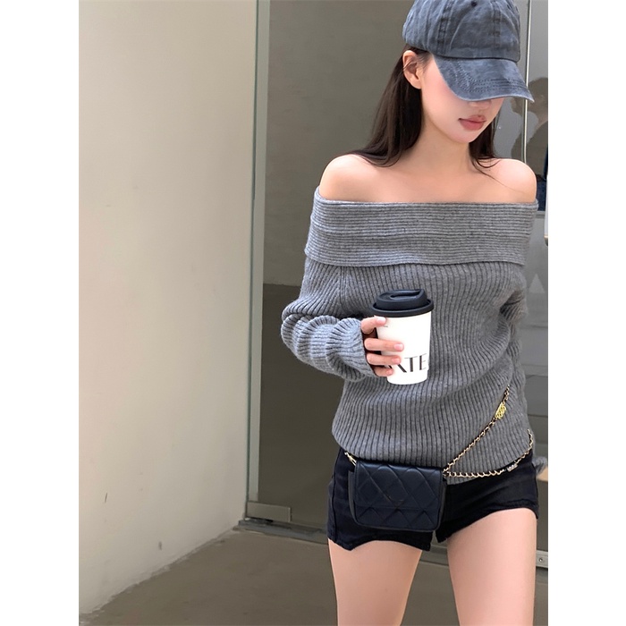 ■♕Suhao One-Shoulder Lengan Panjang Rajutan Kemeja Wanita Musim Gugur 2022 Baru High-End Retro Pinggang Slim sweater Top