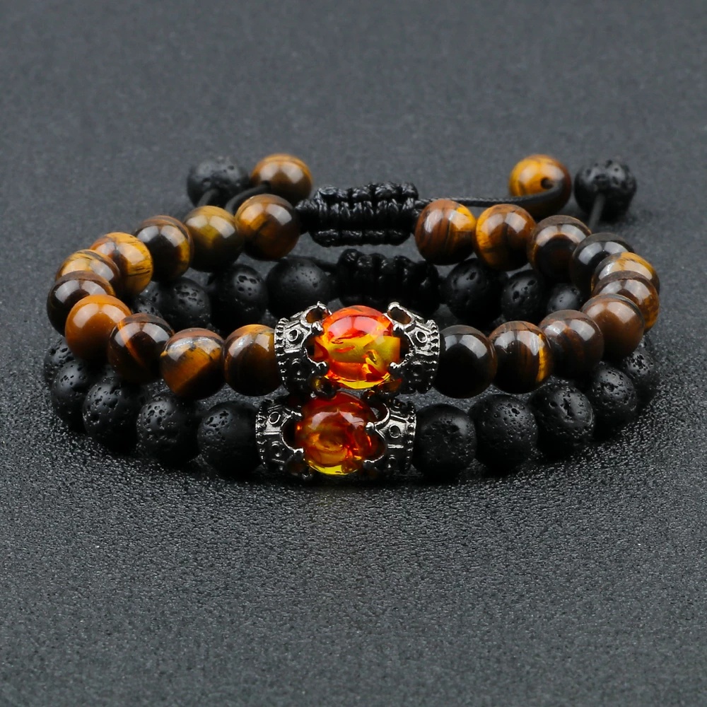 Gelang Manik-Manik Batu Lava Hitam Mahkota Pesona Tiger Eye Gelang Untuk Pria Wanita Braided Bracelets Handmade Adjustable Jewelry Pulseira