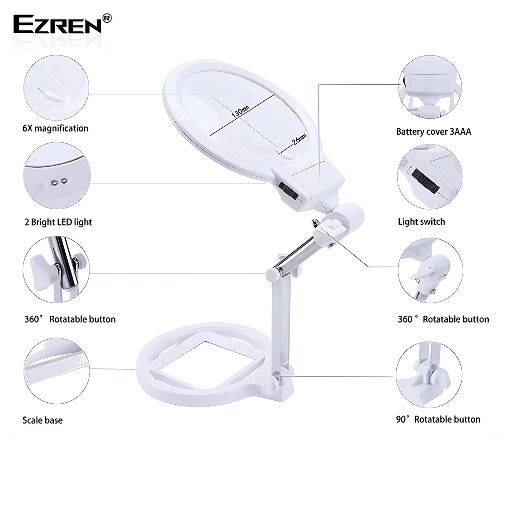 Ezren EZ-0251 Kaca Pembesar Foldable Magnifier 2X 6X LED Lighting