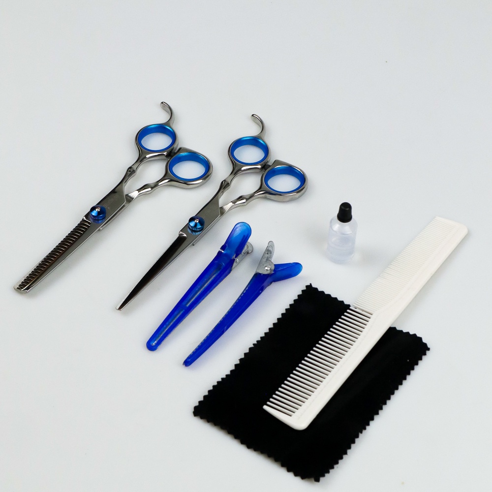 Set Peralatan Gunting Rambut Sasak Flat Cut Dengan Tas Penyimpanan Trim Hairdressing Hair Thinning Scissors Portable Sisir Potong Rambut Jepit dan Kain Microfiber Salon Barber Stainless Steel Kuat Nyaman Digunakan