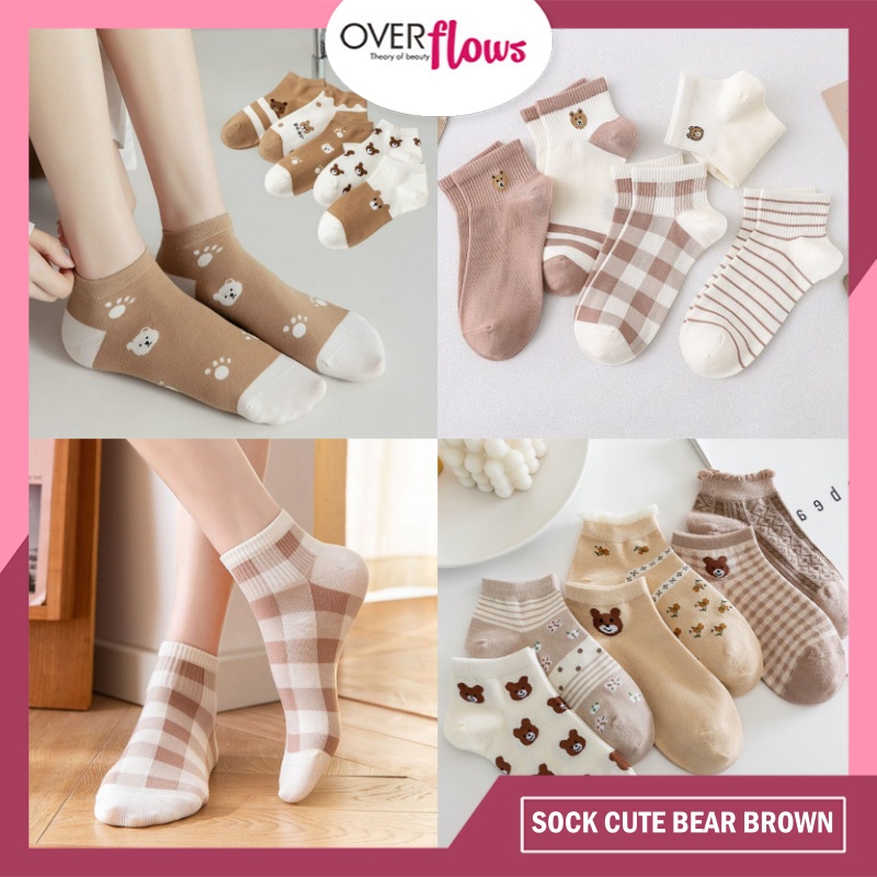 OVERFLOWS.ID KAOS KAKI WANITA MOTIF CUTE BEAR COKLAT GARIS KOTAK FASHION KOREA WOMEN SOCK IMPORT MURAH