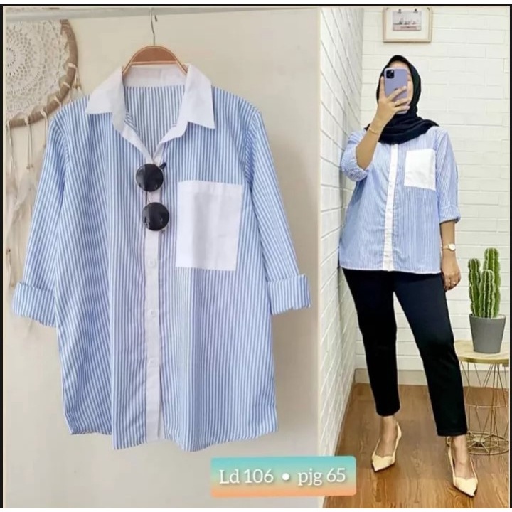 Kemeja Kirana Kemeja wanita jumbo motif garis garis Terbaru 2022 viral Kemeja garis wanita import - kemeja wanita motif garis garis oversize kemeja wanita garis lengan panjang  kemeja wanita garis putih hitam dan garis biru putih S M L XL XXL 3XL dan 5L