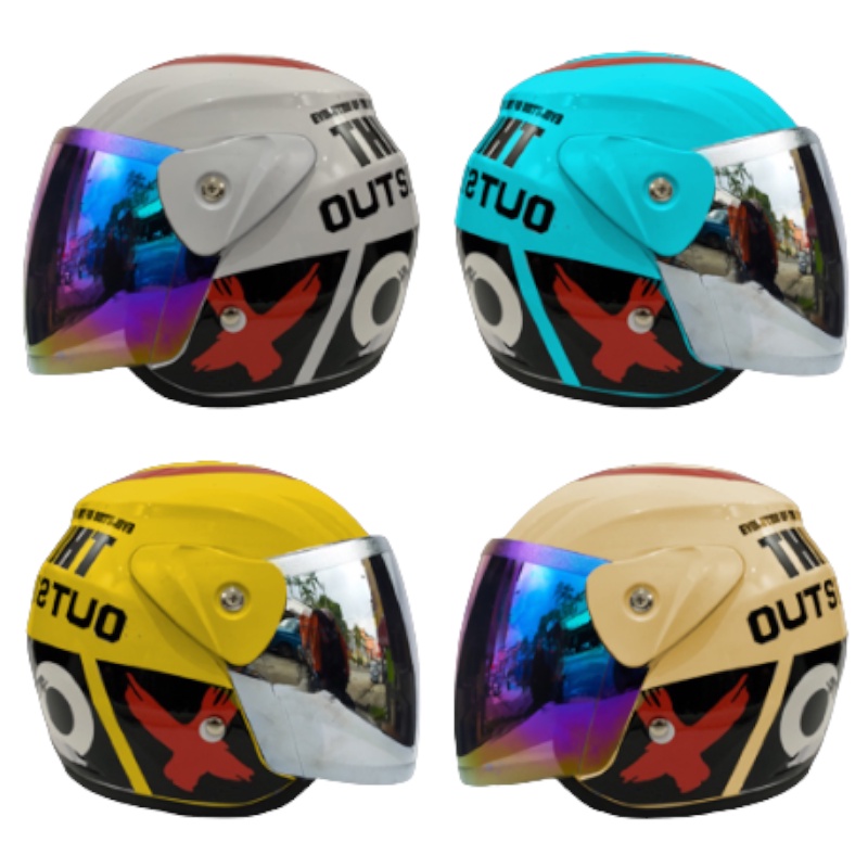 HELM MOTOR DEWASA HALF FACE MOTIF NOUVO OUTSIDE KACA HITAM KACA SILVER KACA PELANGI SEPERTI HELM GM 