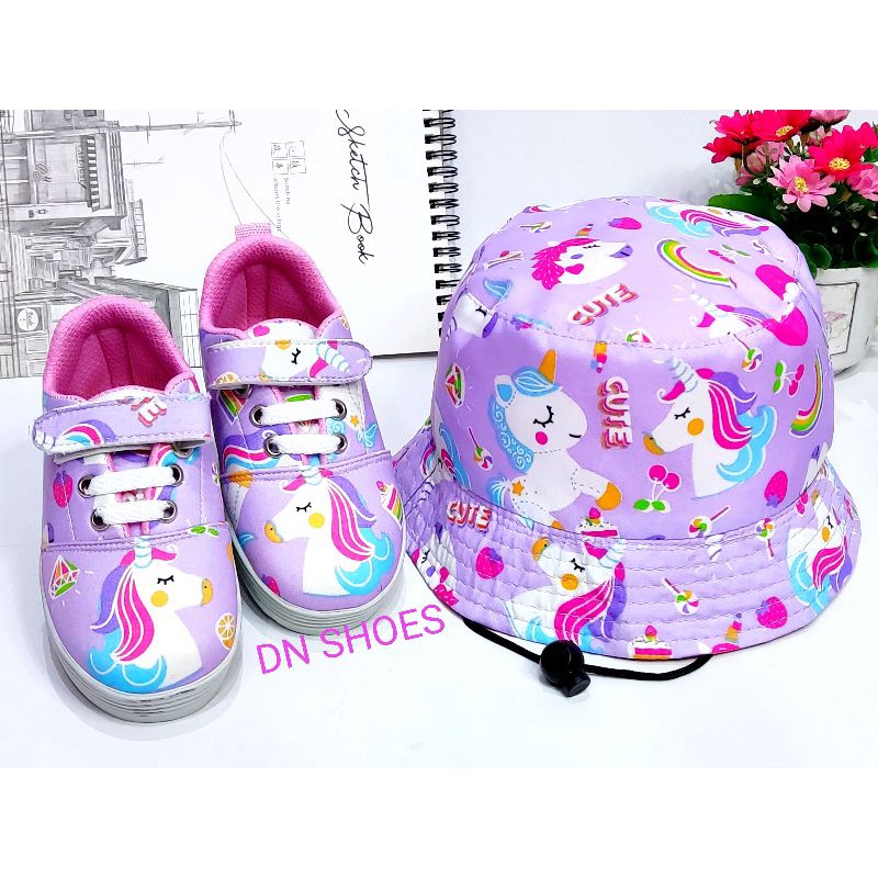 Paket Sepatu Sneakers Anak Bucket Anak Paket Sepatu Tali Anak Bucket Hat Anak Perempuan Lucu Karakter Unicorn Cute Ungu