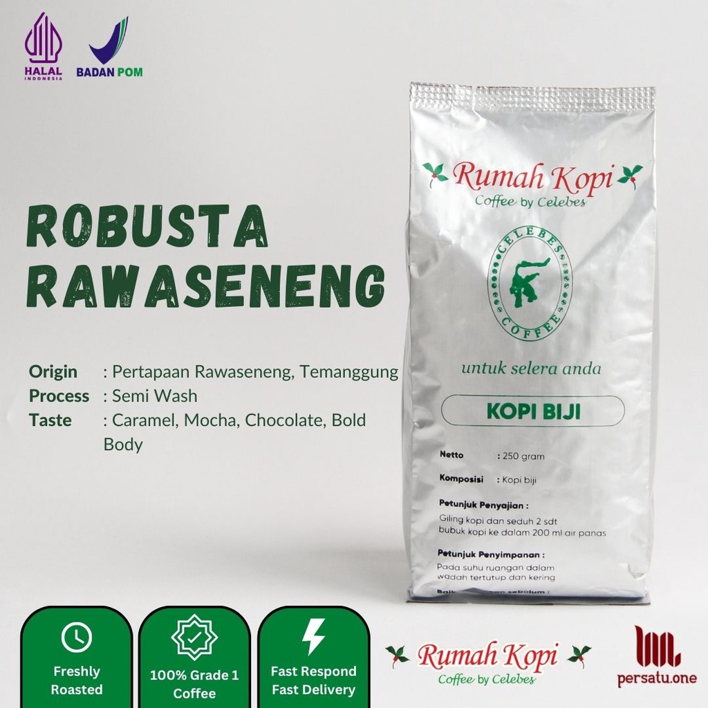 

Kopi Robusta Rawaseneng Biji/Giling Halus/Medium | CELEBES COFFEE | Kemasan 100, 250, dan 500 gram