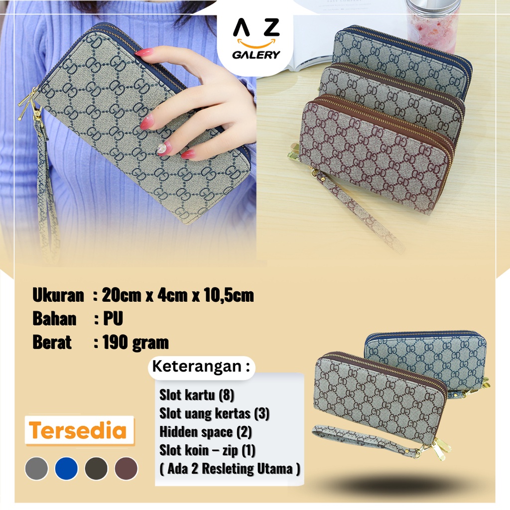 Dompet Panjang Wanita Zipper Fashion Style Korea Dompet Clutch Cewek 2 Resleting PU Multifungsi Azgalery D38