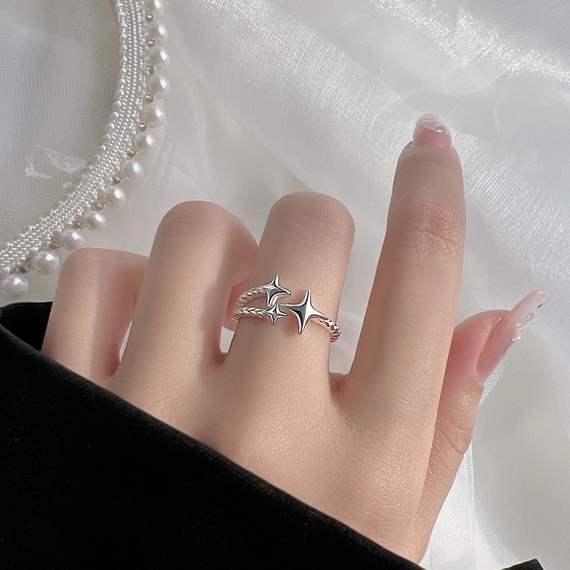 Papaozhu Korea Perak Spiral Bintang Cincin Untuk Wanita Gadis Halus Starry Open Ring Fashion Manset Jari Perhiasan