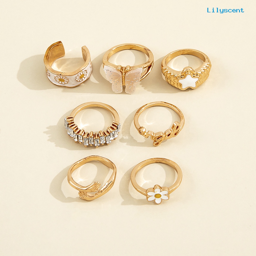 [LS]7 Pcs Cincin Knuckle Kupu-Kupu Gothic Wanita Indah Stackable Finger Rings Perhiasan Hadiah