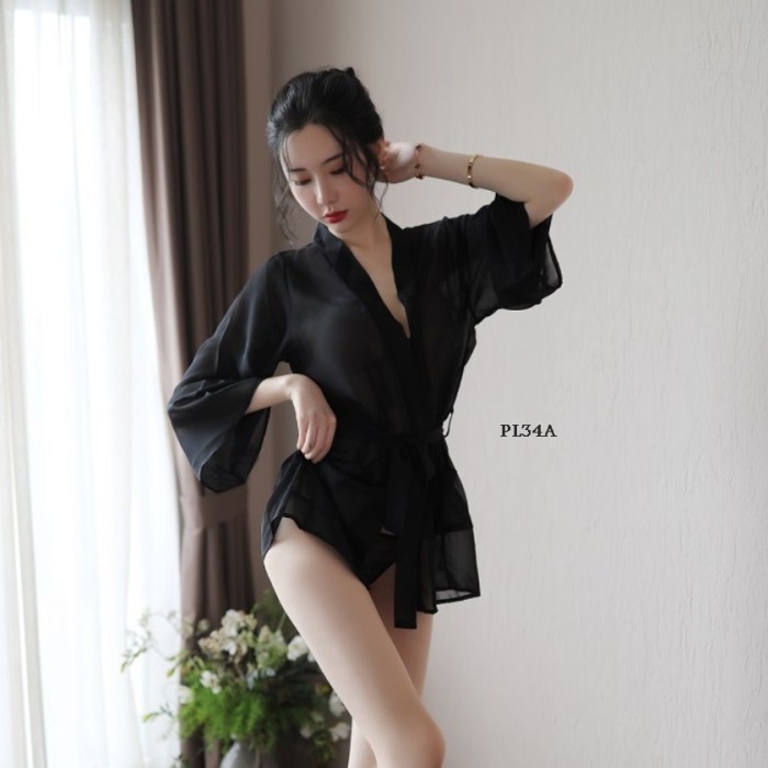 KIMONO SEXY BAJU TIDUR WANITA DEWASA SLEEPWEAR LACE HITAM PL34A BAHAN BERKUALITAS TINGGI