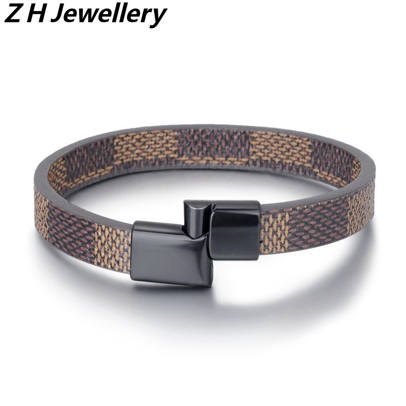 [Z H Jewelry] Hip Hop Rock Retro Pria Fashion Gelang Kulit Stainless Steel Perhiasan Aksesoris