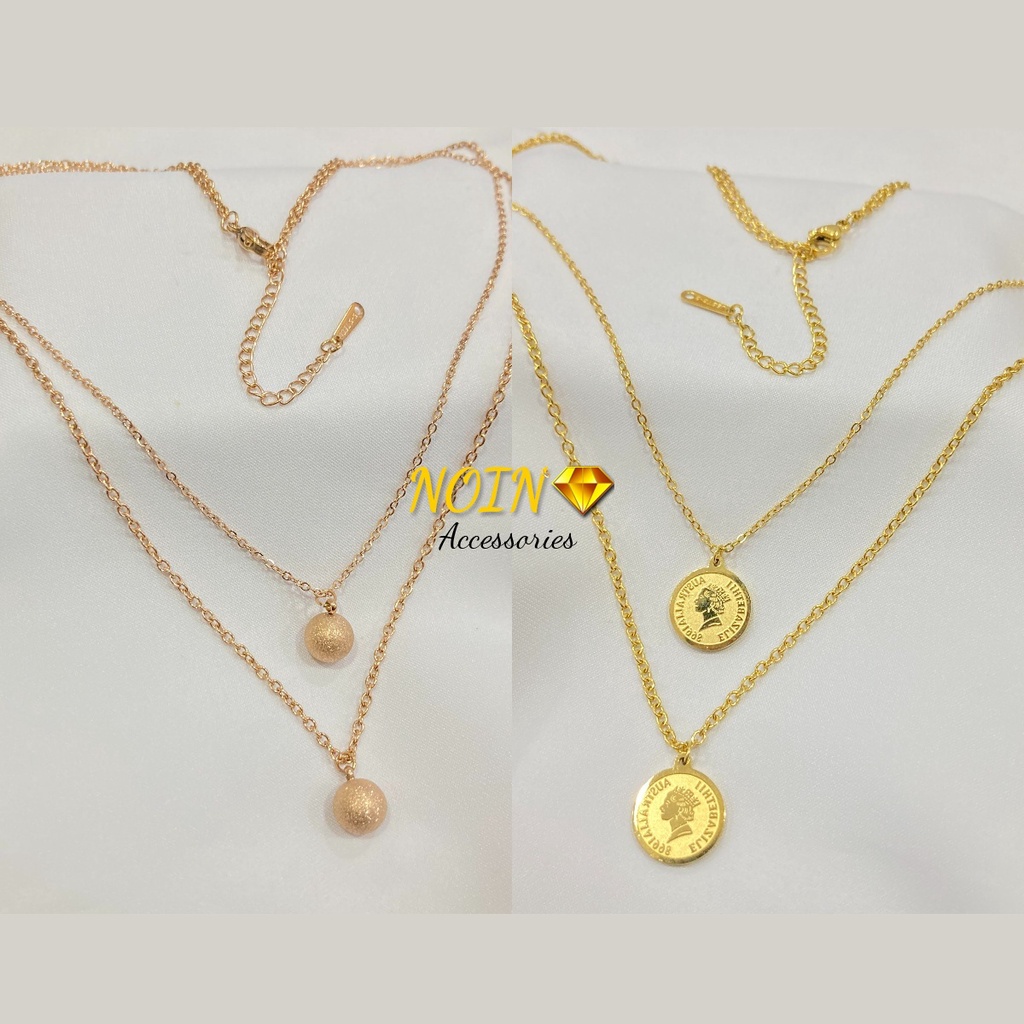 Kalung 2 Layer Titanium Gold Bola Koin Korean Style