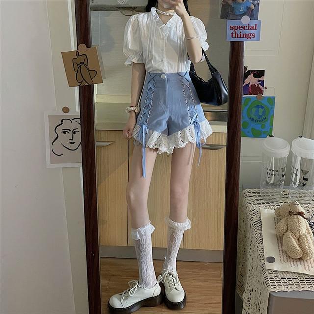 Suhao one-piece suit Chic hantu kuda gadis musim panas putih lengan pendek kemeja dengan telinga kayu + renda jahitan celana pendek setelan