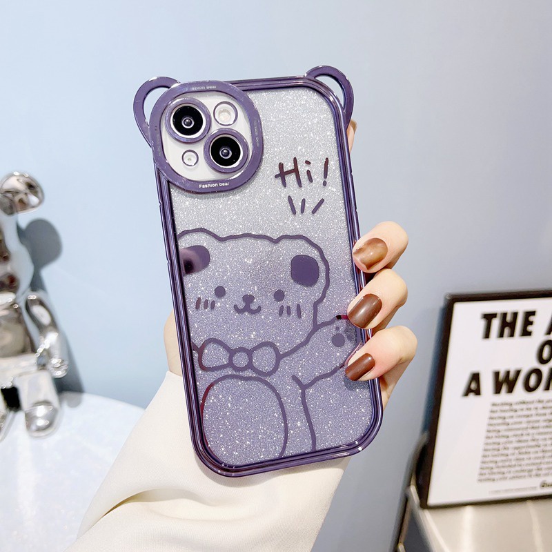 IPHONE Beruang Lucu Perak Ungu Kedip Desain Gelombang Besar Electroplating Lembut Silikon Bunny Case hp Untuk Iphone14Plus Casing Iphone 11 12 13 14 Pro Max Wanita Gadis Hadiah Bumper Cover