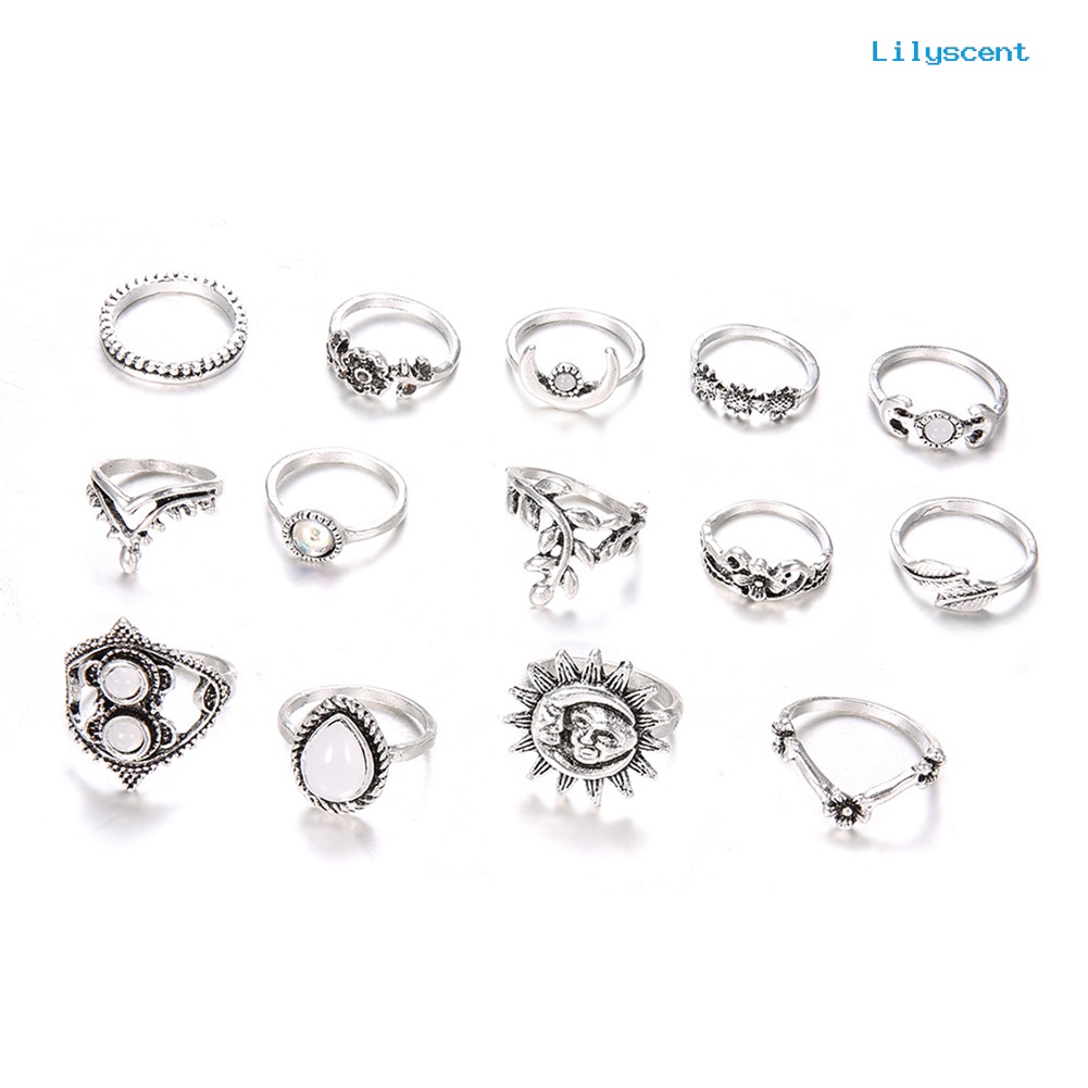 [LS] 14 Pcs Vintage Bunga Matahari Bulan Jari Midi Knuckle Rings Set Wanita Pesta Perhiasan