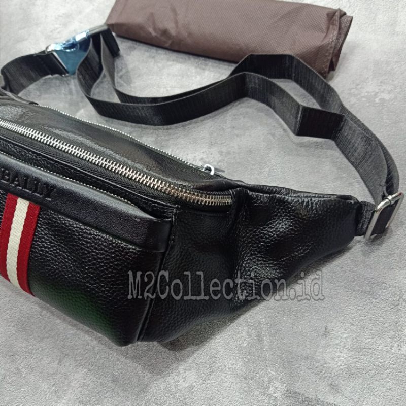 Waistbag Bally list Merah Putih LEATHER belt Bag tas pinggang premium impor