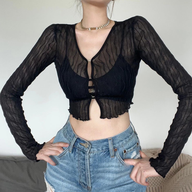 ◇☏✿Suhao Sisjune Eropa dan Amerika Hot Girls Seksi Mesh Lengan Panjang T-shirt Wanita In All-Match Tombol Slim fit Slim Cardigan Top