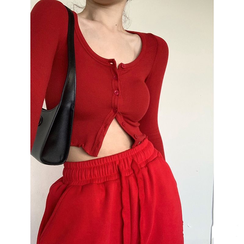 ✢∋Suhao sun protection clothing short coat feminin pure desire spring and autumn thin section slim cardigan red sports short crop top trendy