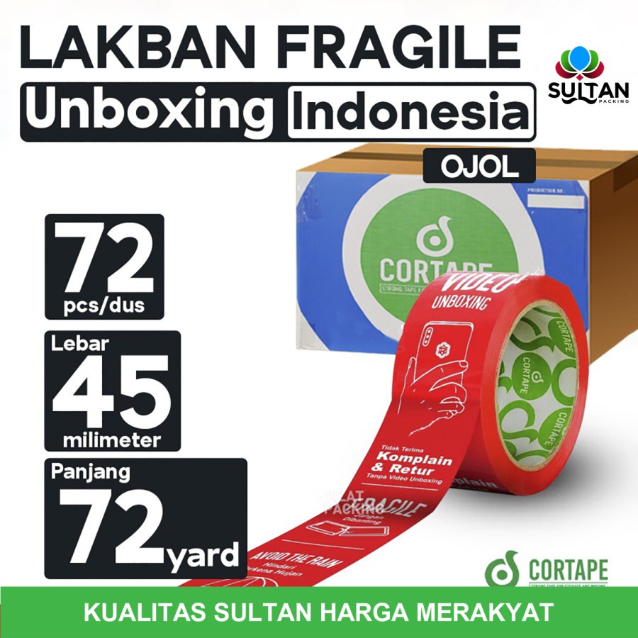 

Lakban Fragile Unboxing Indonesia - 45 mm x 72 yard Per Dus OJOL