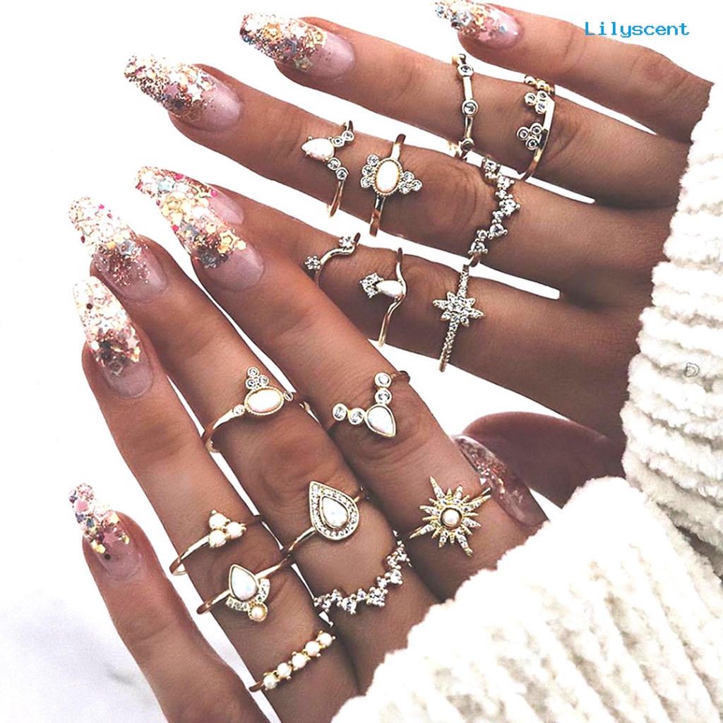 [LS]16Pcs /Set Mahkota Bentuk Berlian Imitasi Knuckle Rings Alloy Bohemia Stackable Finger Rings Perhiasan Aksesori