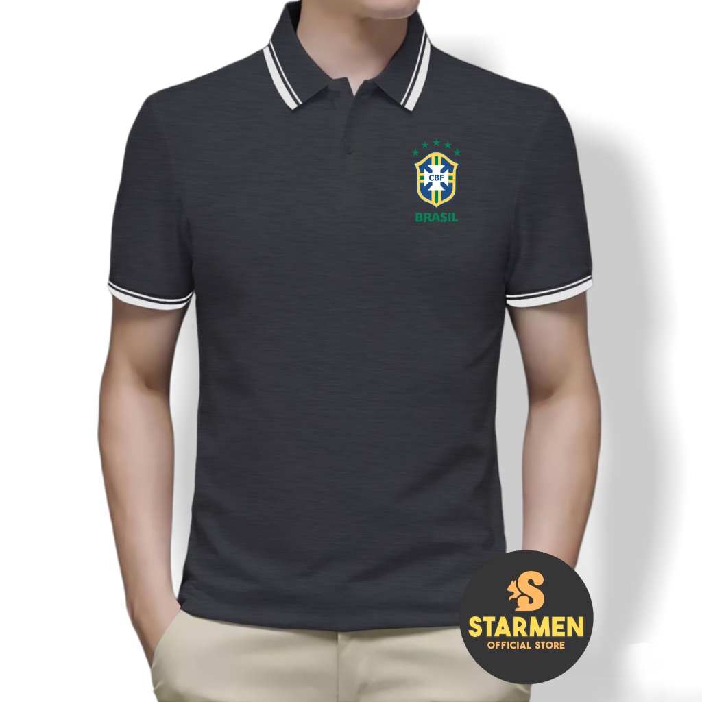 Kaos Polo Shirt Pria Kerah List Putih logo BRASIL