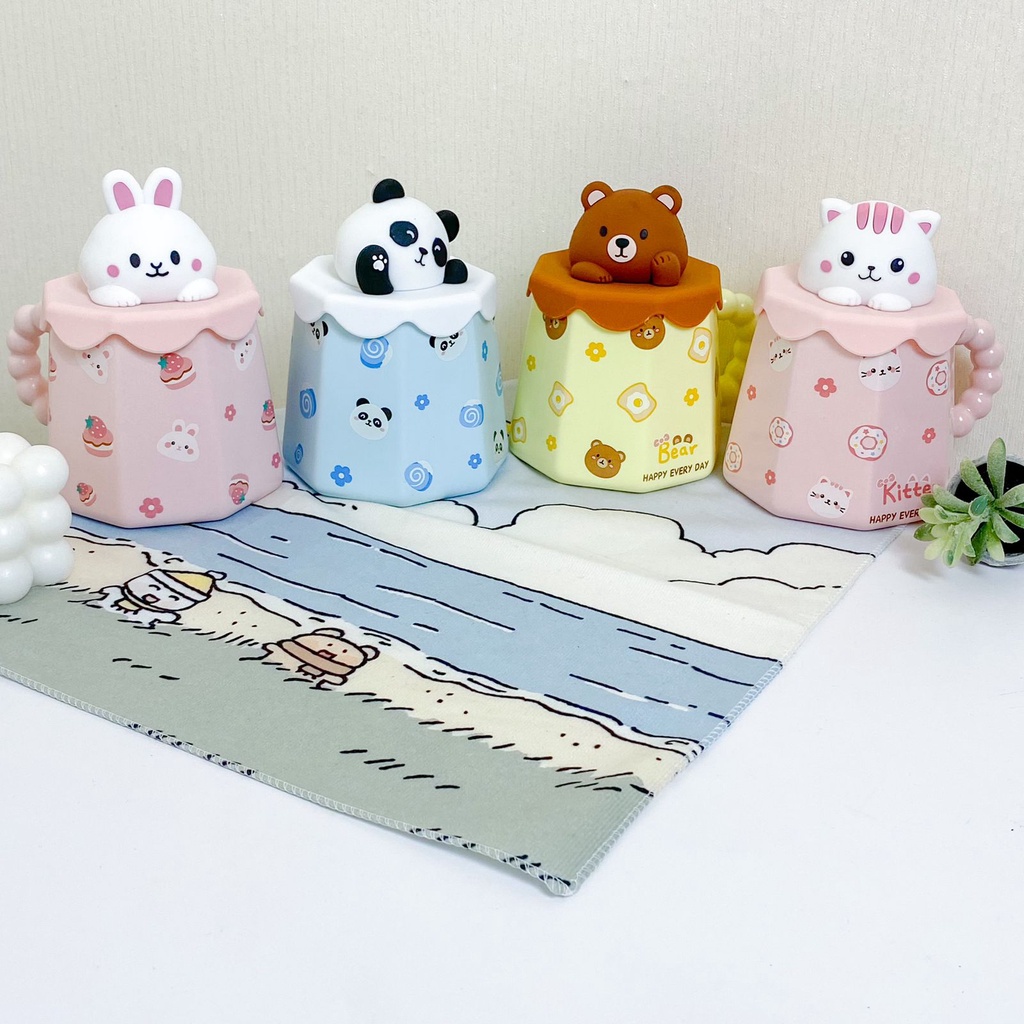 GELAS KERAMIK TUTUP HEWAN HD-3218 / CERAMIC MUG + LID COVER + STRAW HD-3218 TUTUP HEWAN KUCING KELIN