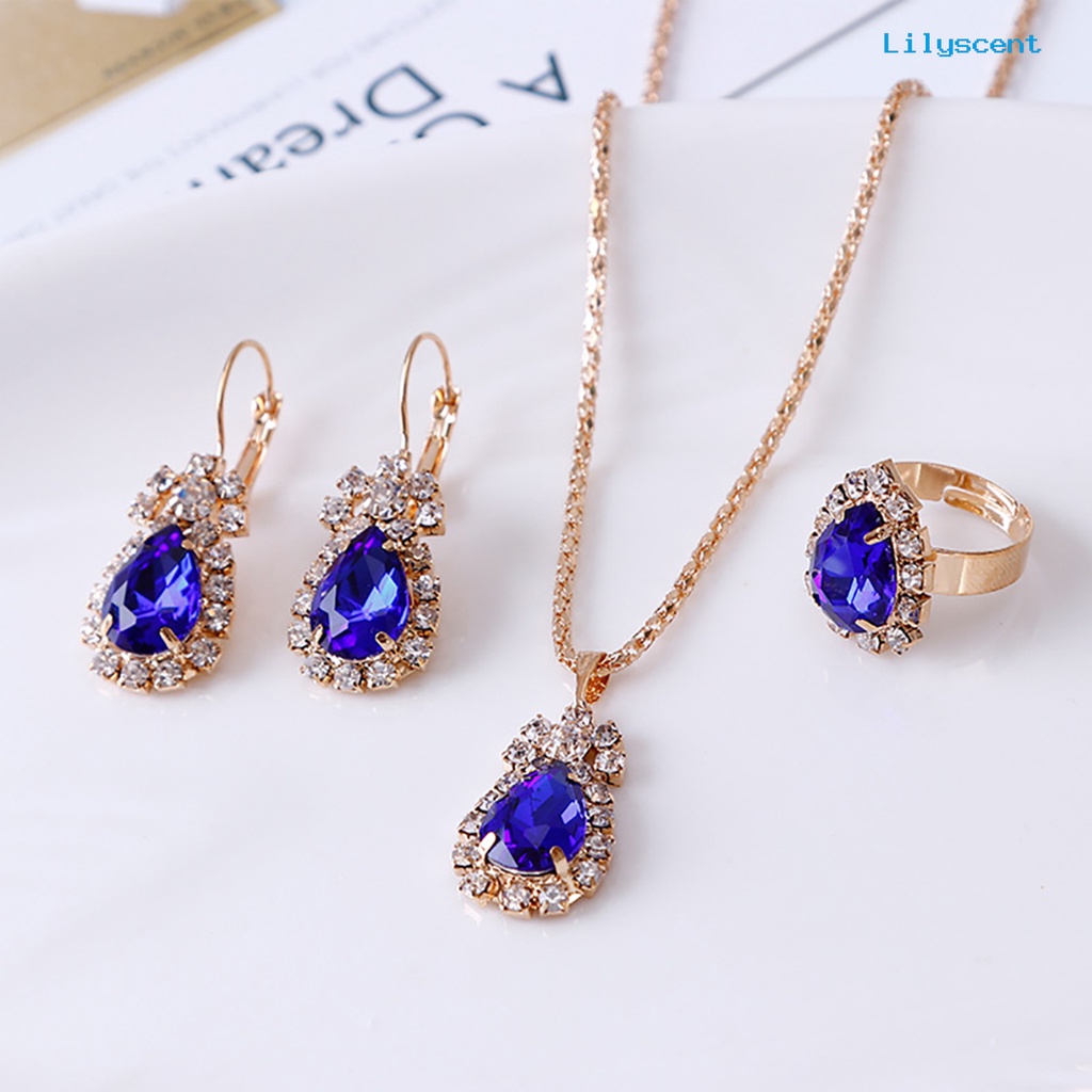 [LS] Set Perhiasan Eye-catching Mudah Senada Wanita Tetesan Air Berlian Imitasi Mengkilap Kalung Cincin Anting Untuk Pesta