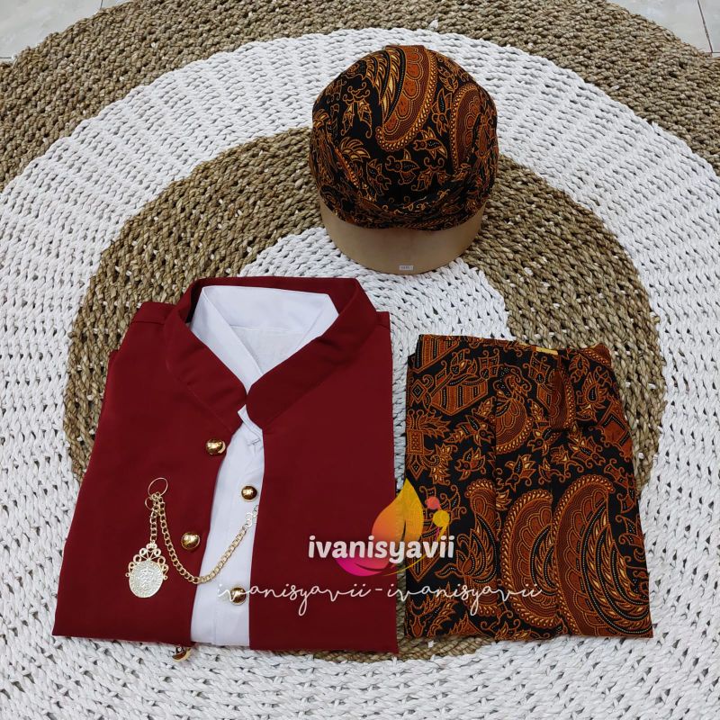 [Full Set] Baju Adat Jawa Cowok / Baju Manggolo / Baju Pagar Bagus | Nuansa Hewes Maroon