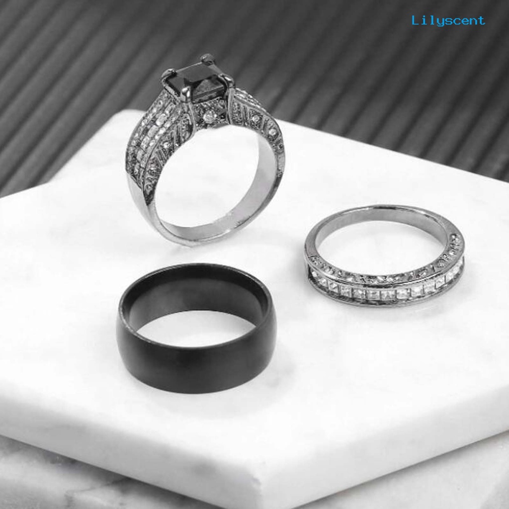 [LS]3Pcs /Set Cincin Pasangan Laporan Permukaan Halus Paduan Persegi Bertatahkan Cubic Zirconia Pernikahan Band Perhiasan Fashion