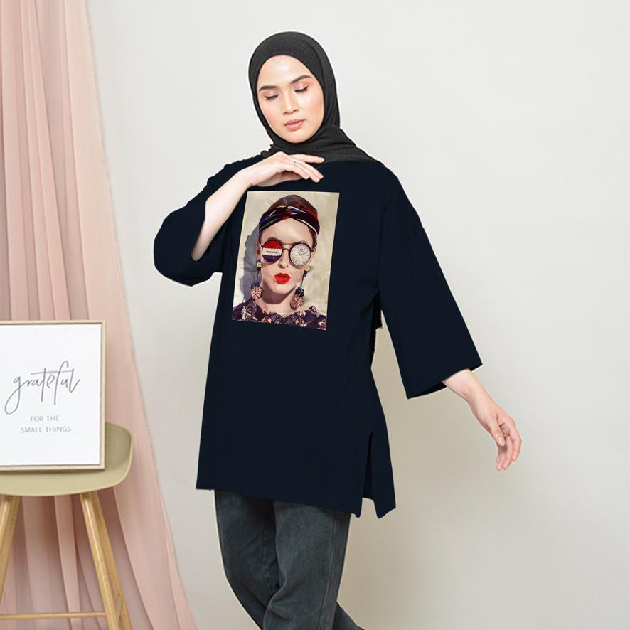 KAOS OVERSIZE TOP HIJAB WANITA BASIC DTF CEWEK BANDO / OVERSIZE SLIT BLOUSE GAMBAR DTF / DIGITAL PRINT