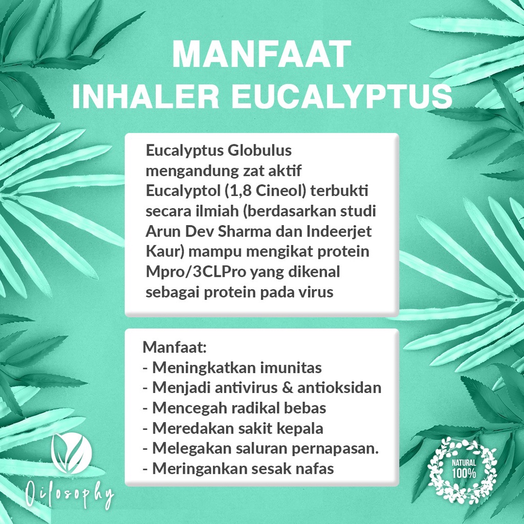 Inheler Hidung Eucalyptus Oil Aroma Terapi - Ekaliptus Original - Penyegar Nafas Mulut - Pereda Sakit Kepala - Minyak Ecaliptus - Pelega Pernapasan - Obat Batuk Kering Gatal Tengorokan - Inhiler Idung Alat Sesek Napas - Inhaller Penghilang Mual Muntah