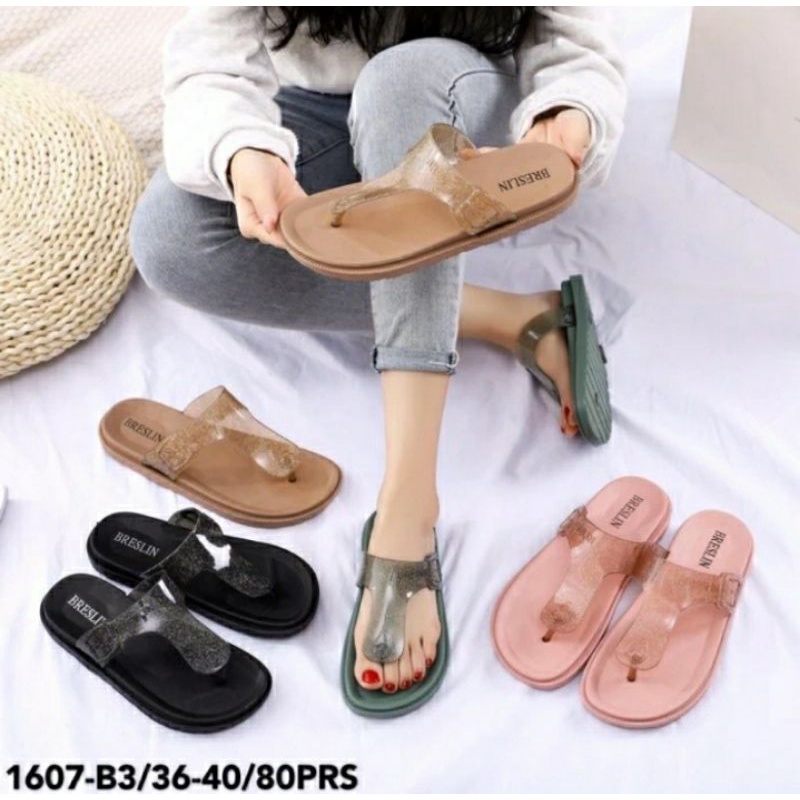 Sandal Jepit Jelly Breslin Import 1607 Gesper Gliter Transparant Pink size 39