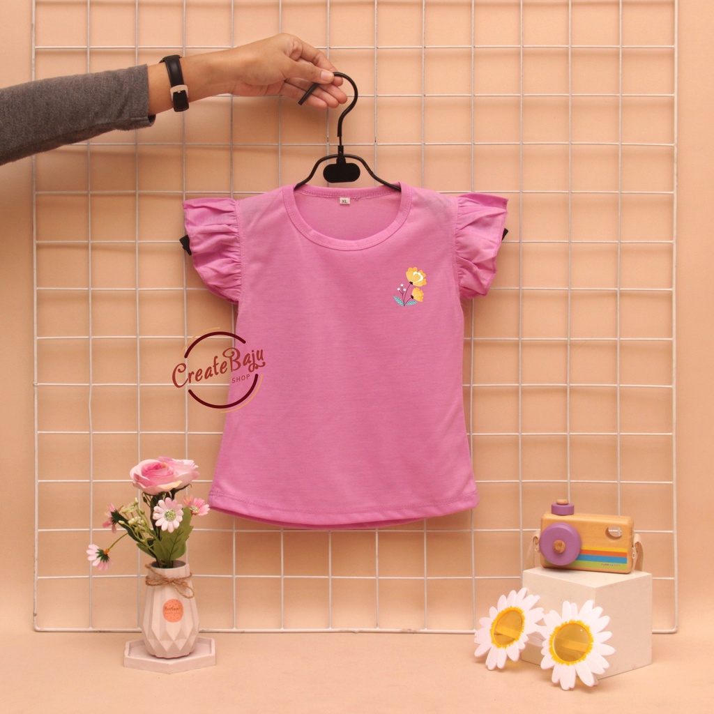 KAOS ANAK RUFFLE MOTIF ROSE PEREMPUAN BAJU ATASAN ANAK CEWEK MOTIF TRENDY