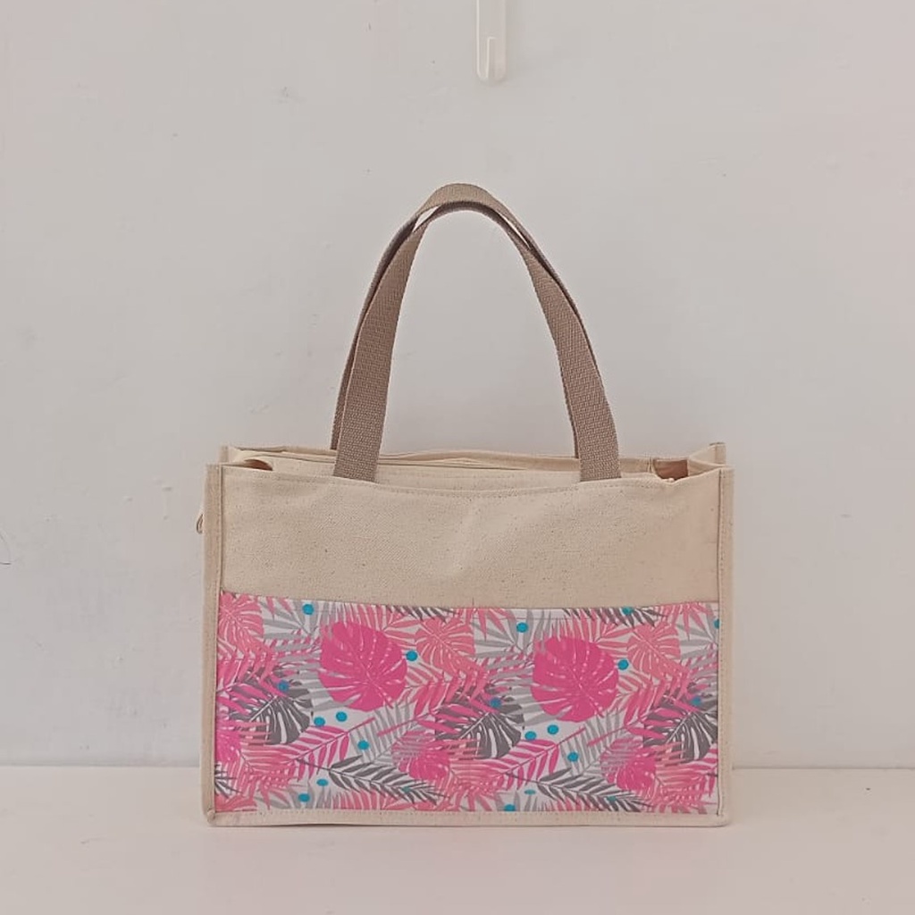 TAS KANVAS KOMBINASI TWILL MOTIF BAMBU PINK. RIENS COLLECTIONS