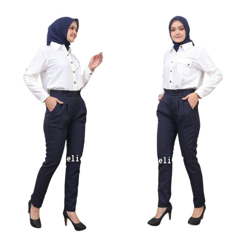 Celana Kerja Panjang Wanita Kantor Pinggang Karet Bahan Formal Hitam Polos Model Baggy Pants High Premium Viral