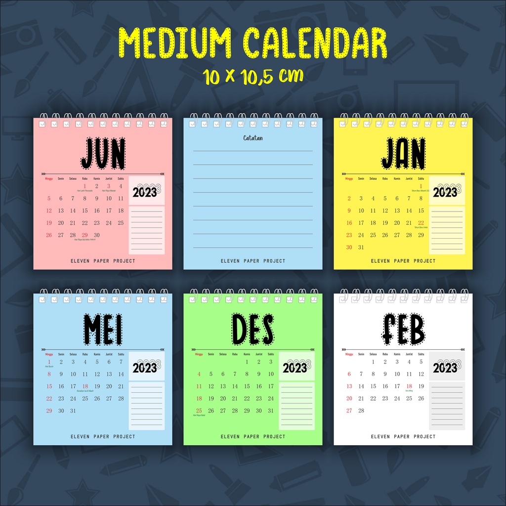 Kalender Meja 2023 warna warni ukuran MINI / MEDIUM / A6