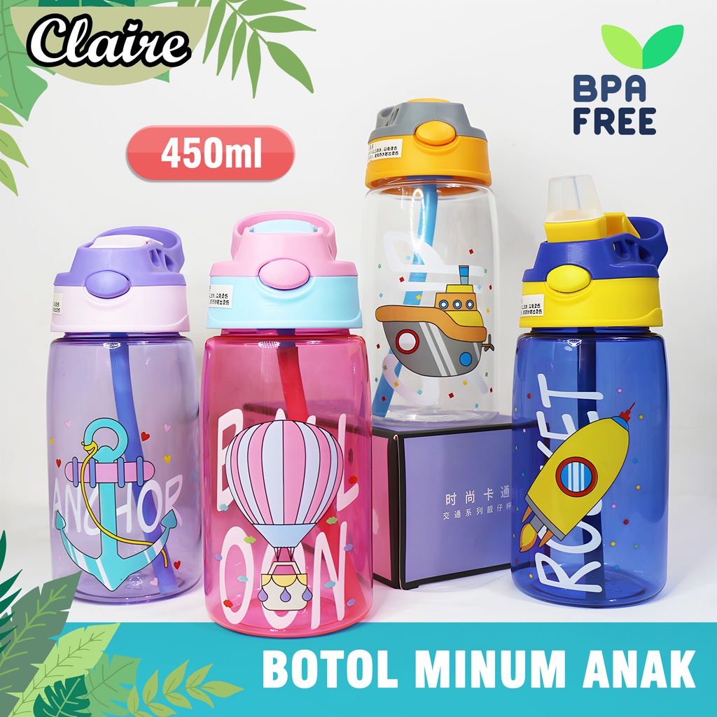 Botol Air Minum 480 ml / Botol Minum Anak Lucu Motif Karakter Imut dengan Sedotan BPA FREE