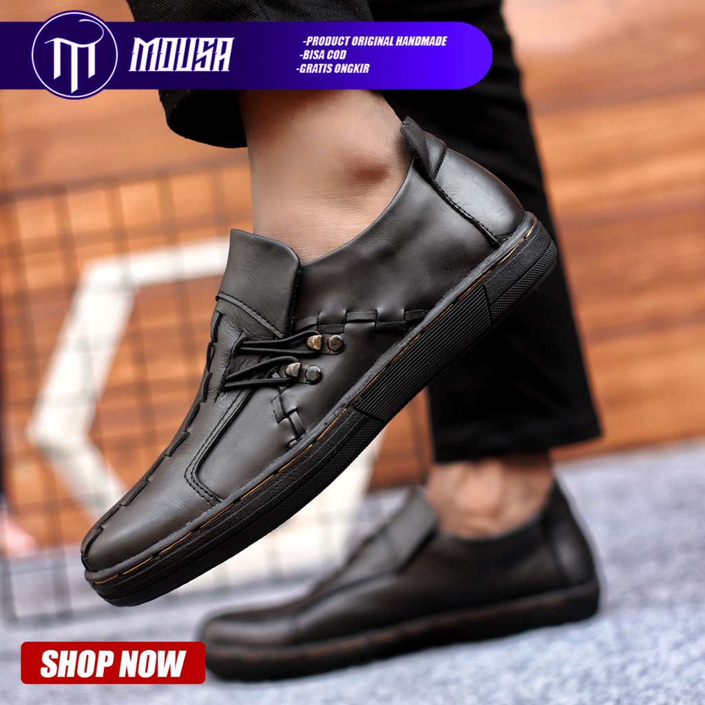 Sepatu  pria Slip On Casual Kulit Asli Kerja Kuliah Kondangan Hitam Mousa Aligator