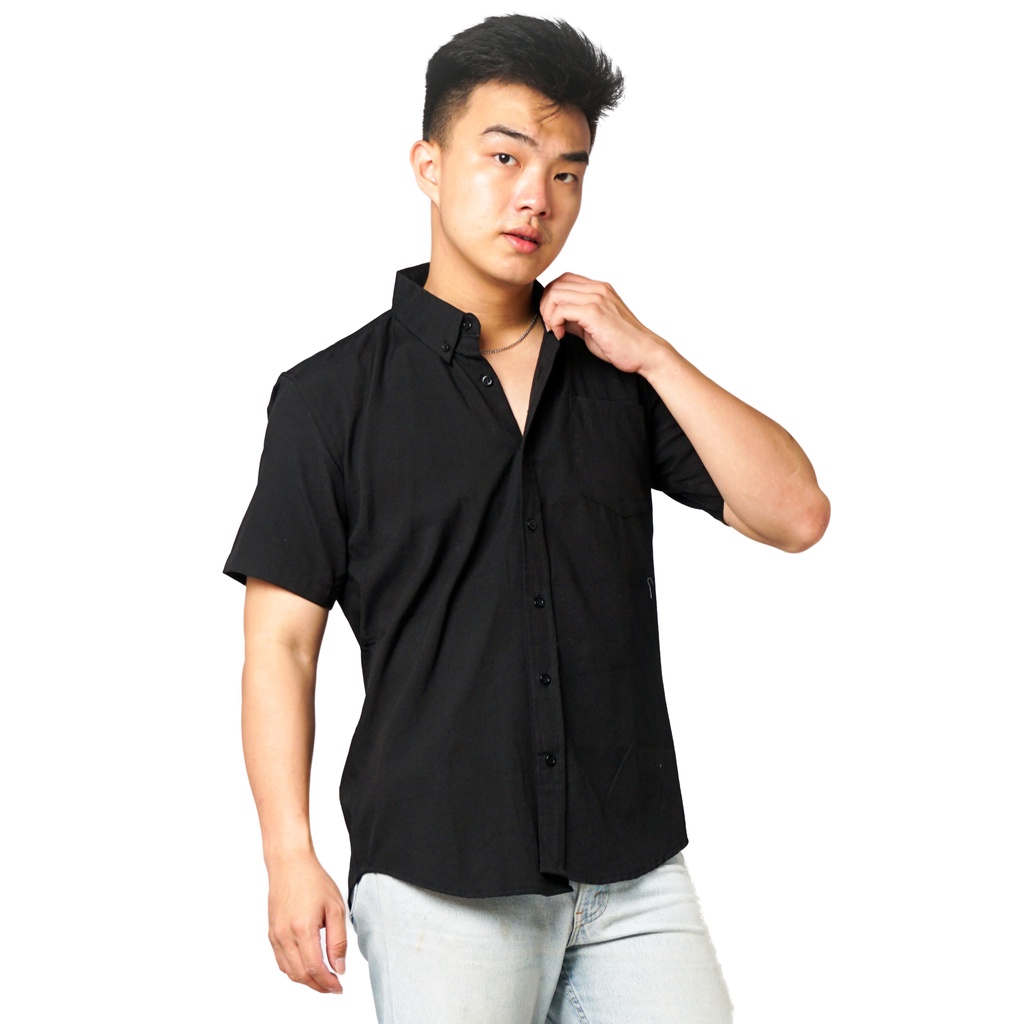 819 Kemeja Pria Lengan Pendek Polos HITAM BLACK Oxford Basic SIMPLE Slimfit Casual Tersedia Ready Sampai Size JUMBO BIG SIZE XXL XXXL