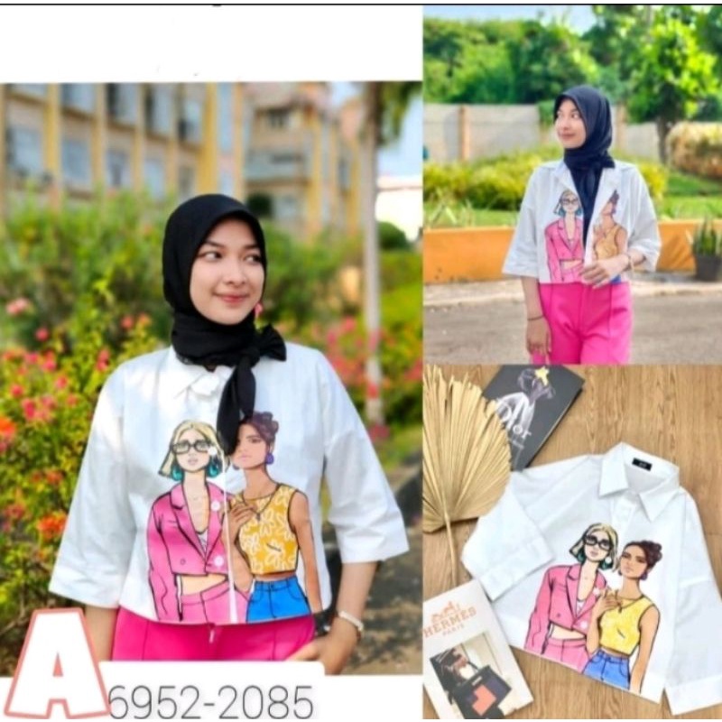 KEMEJA CROP PRINT HELOO BESTIE