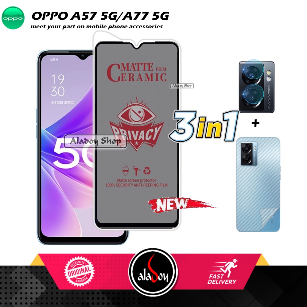 Tempered Glass Anti SPY Oppo A57 5G/A77 5G Anti Gores Privacy + Tempered Glass kamera dan Skin Carbon