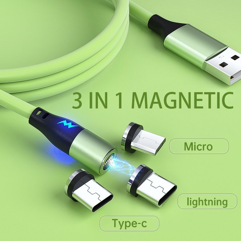 Kabel Data Usb Led Magnetik Berputar 3in1 5A Silikon Micro Usb Fast Charging Wire Untuk i-phone Tipe C Android Data Line